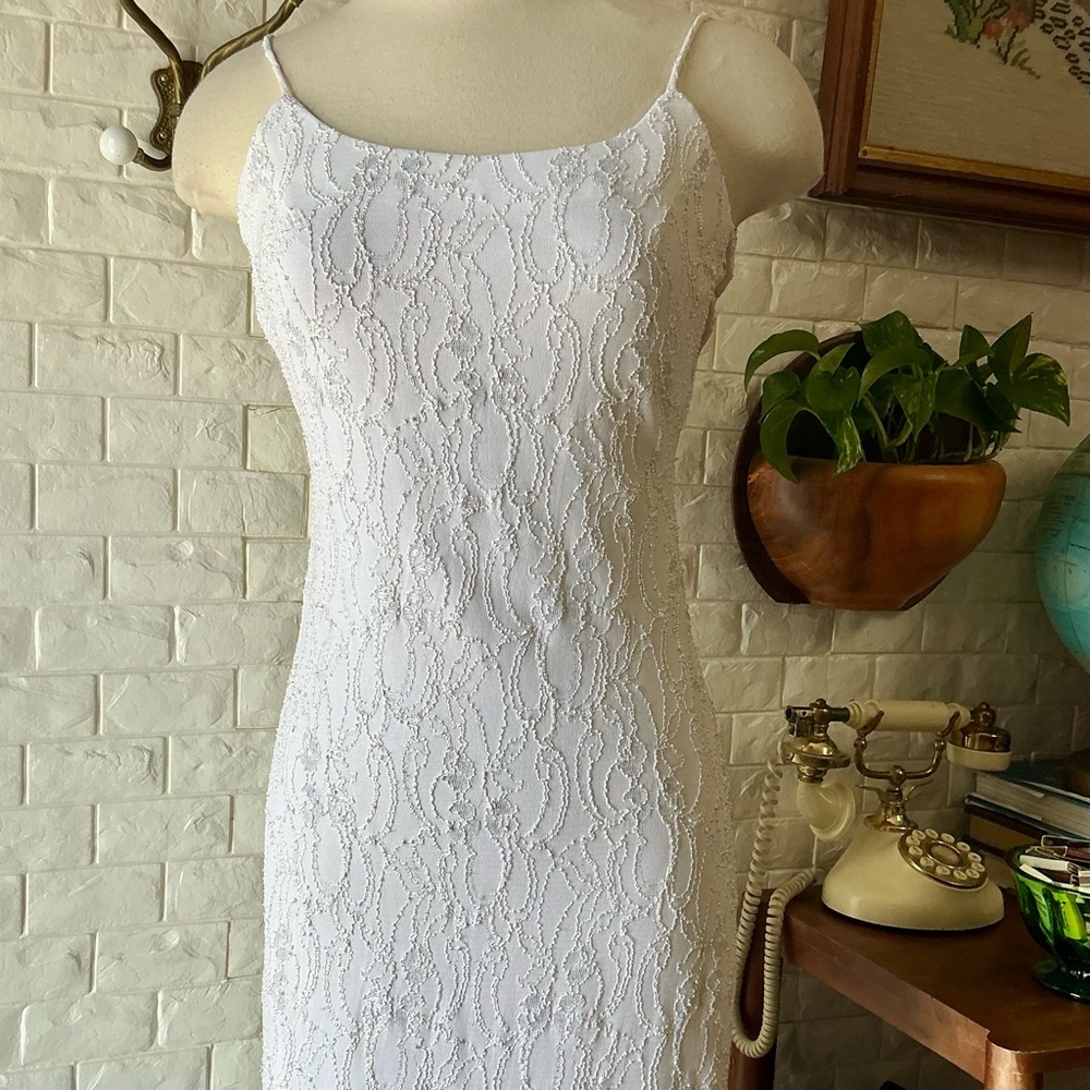 Vintage 1990s White Lace Overlay Bodycon Formal Dress Side Cut-Outs Scoop Back - Picture 3 of 14
